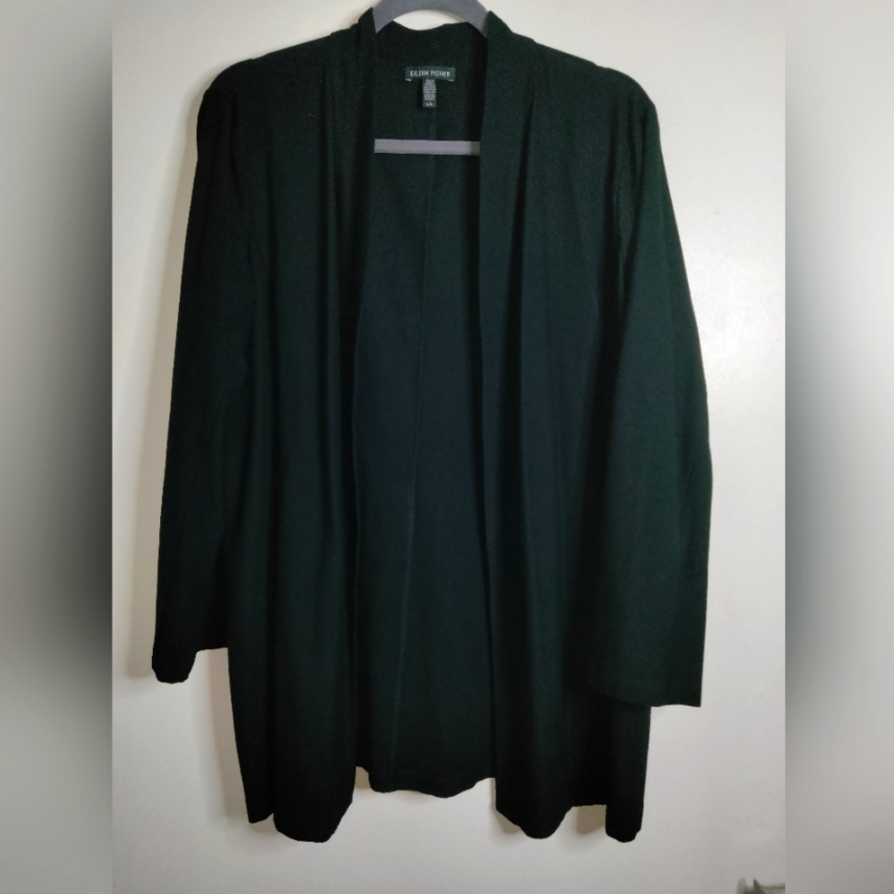 Eileen Fisher (Sz L) Black Stretch Blend Open Front Slip Pocket Cardigan Jacket
